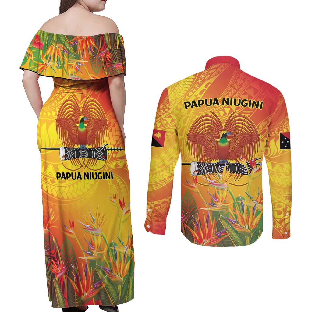 Papua New Guinea Unity in Diversity Couples Matching Off Shoulder Maxi Dress and Long Sleeve Button Shirt 50th Indipendens Papua Niugini