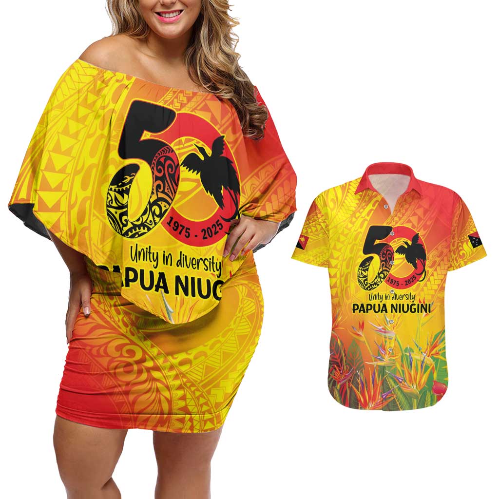 Papua New Guinea Unity in Diversity Couples Matching Off Shoulder Short Dress and Hawaiian Shirt 50th Indipendens Papua Niugini LT9 Gold - Polynesian Pride