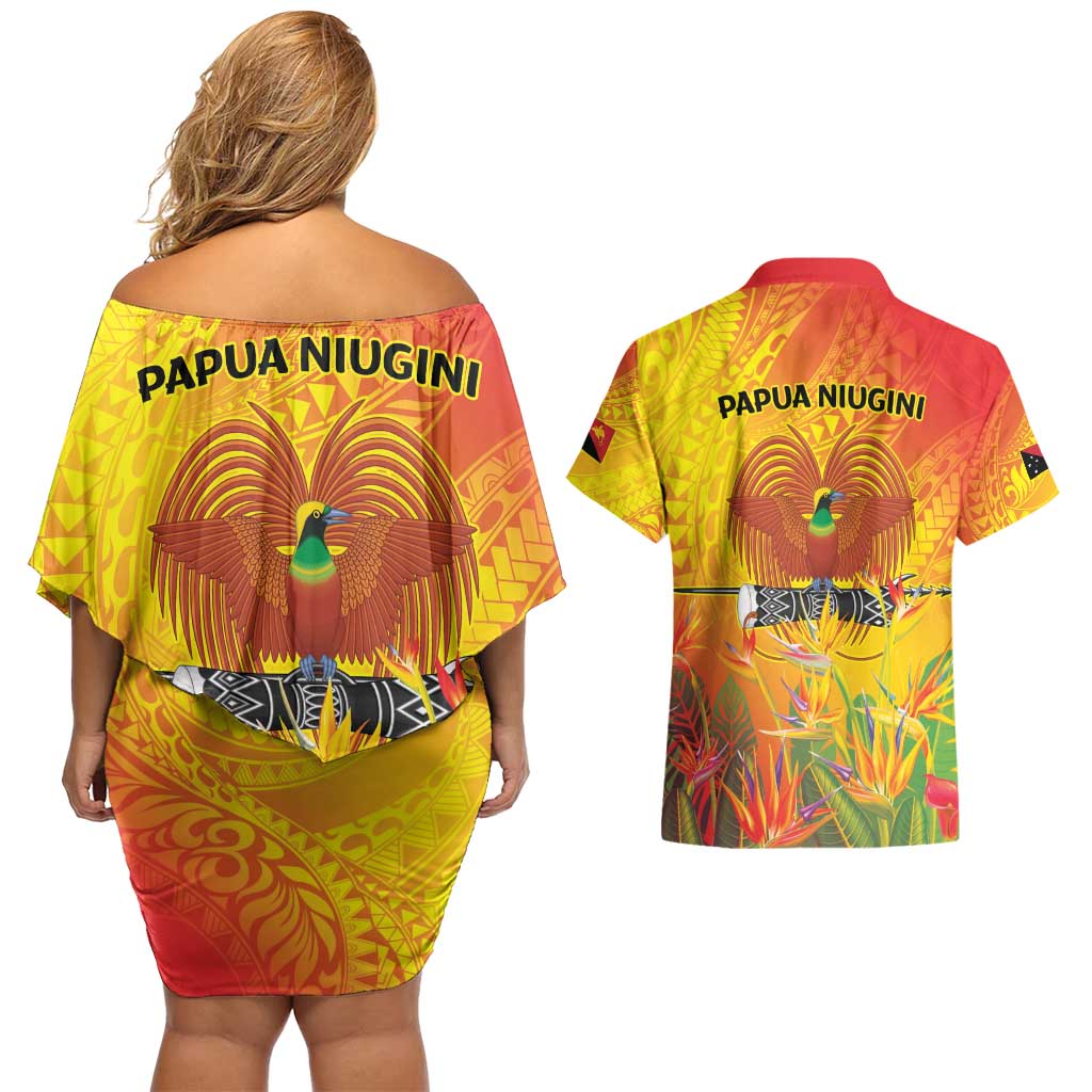 Papua New Guinea Unity in Diversity Couples Matching Off Shoulder Short Dress and Hawaiian Shirt 50th Indipendens Papua Niugini
