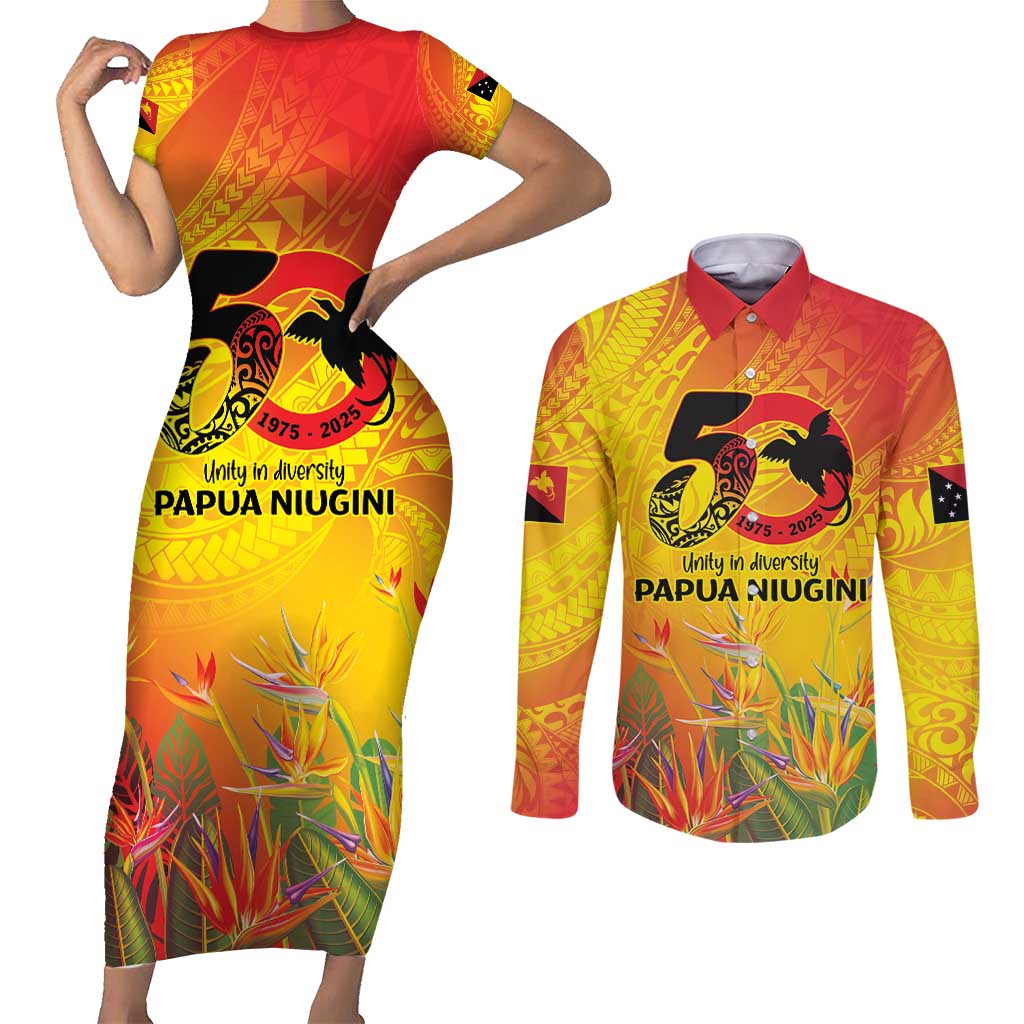 Papua New Guinea Unity in Diversity Couples Matching Short Sleeve Bodycon Dress and Long Sleeve Button Shirt 50th Indipendens Papua Niugini LT9 Gold - Polynesian Pride