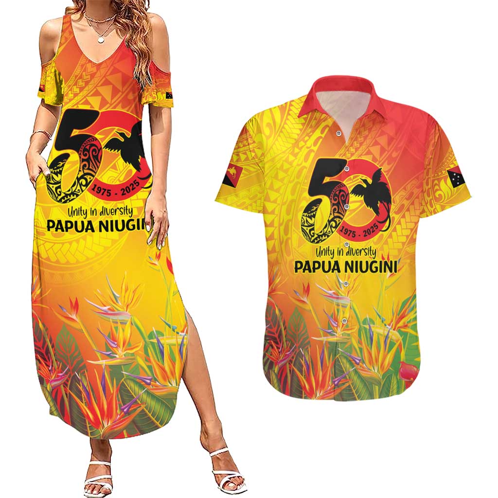 Papua New Guinea Unity in Diversity Couples Matching Summer Maxi Dress and Hawaiian Shirt 50th Indipendens Papua Niugini LT9 Gold - Polynesian Pride