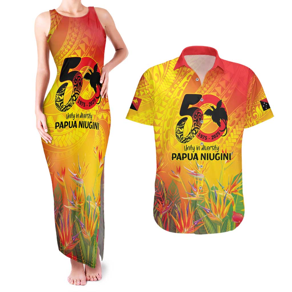 Papua New Guinea Unity in Diversity Couples Matching Tank Maxi Dress and Hawaiian Shirt 50th Indipendens Papua Niugini LT9 Gold - Polynesian Pride