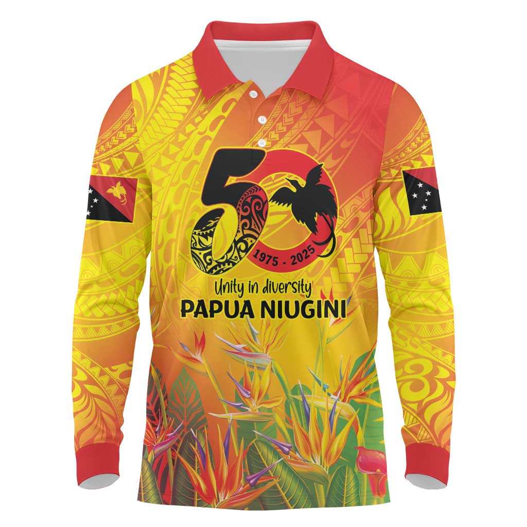 Papua New Guinea Unity in Diversity Long Sleeve Polo Shirt 50th Indipendens Papua Niugini LT9 Gold - Polynesian Pride