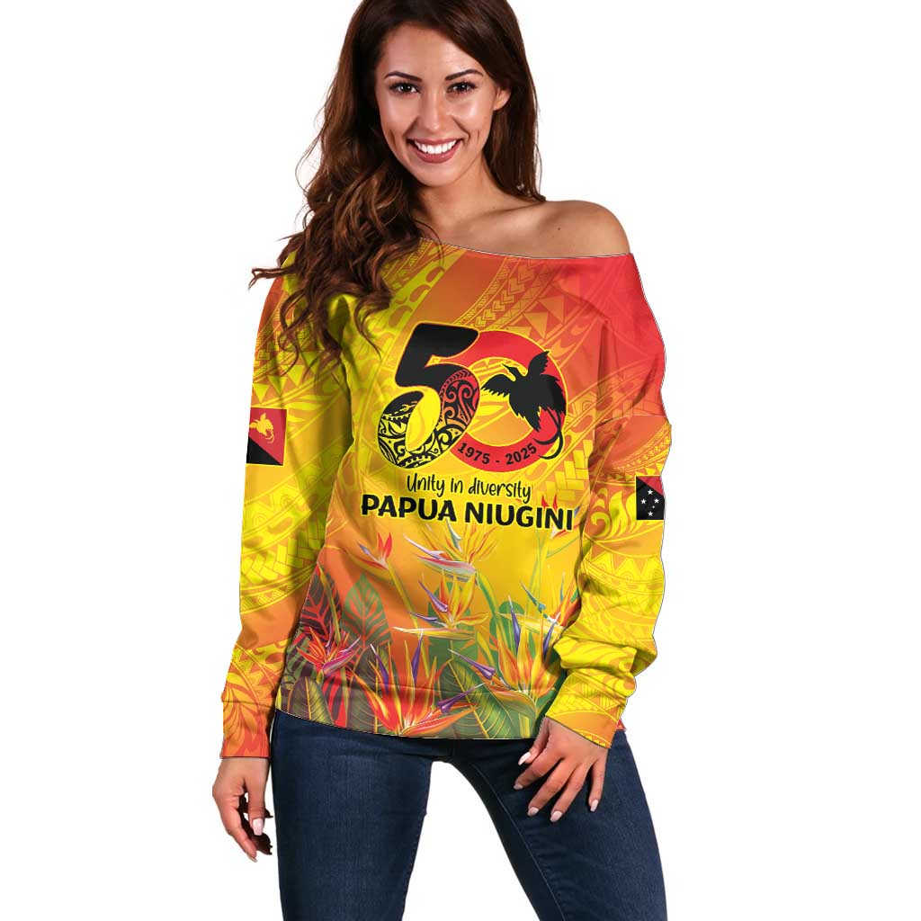 Papua New Guinea Unity in Diversity Off Shoulder Sweater 50th Indipendens Papua Niugini LT9 Women Gold - Polynesian Pride