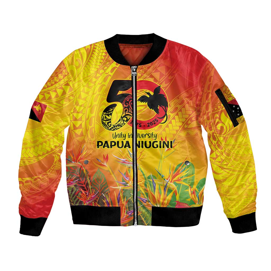 Papua New Guinea Unity in Diversity Sleeve Zip Bomber Jacket 50th Indipendens Papua Niugini LT9 Unisex Gold - Polynesian Pride
