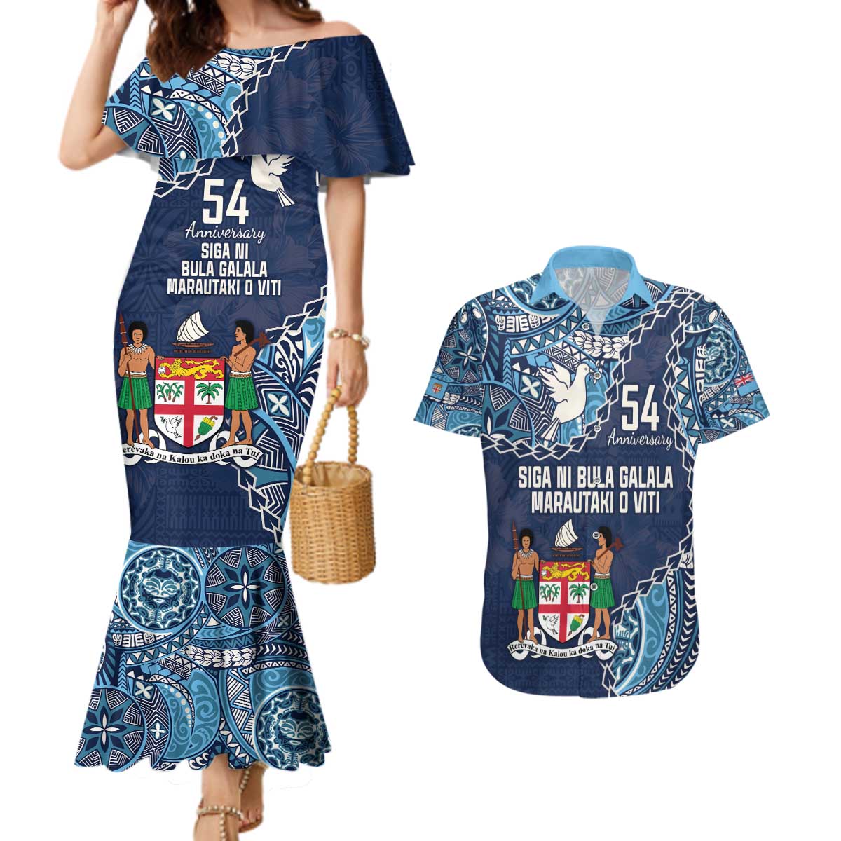 Personalised Fiji 54th Anniversary Couples Matching Mermaid Dress and Hawaiian Shirt Siga Ni Bula Galala Marautaki O Viti