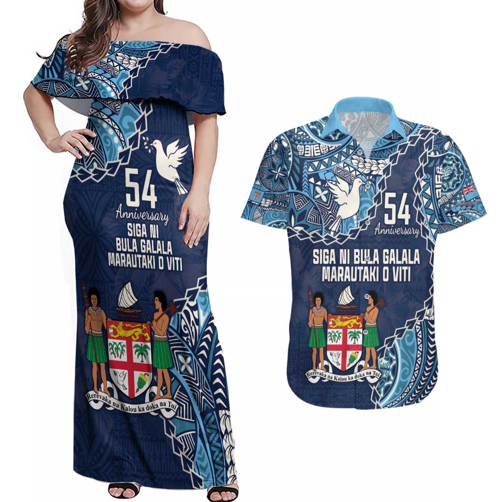 Personalised Fiji 54th Anniversary Couples Matching Off Shoulder Maxi Dress and Hawaiian Shirt Siga Ni Bula Galala Marautaki O Viti