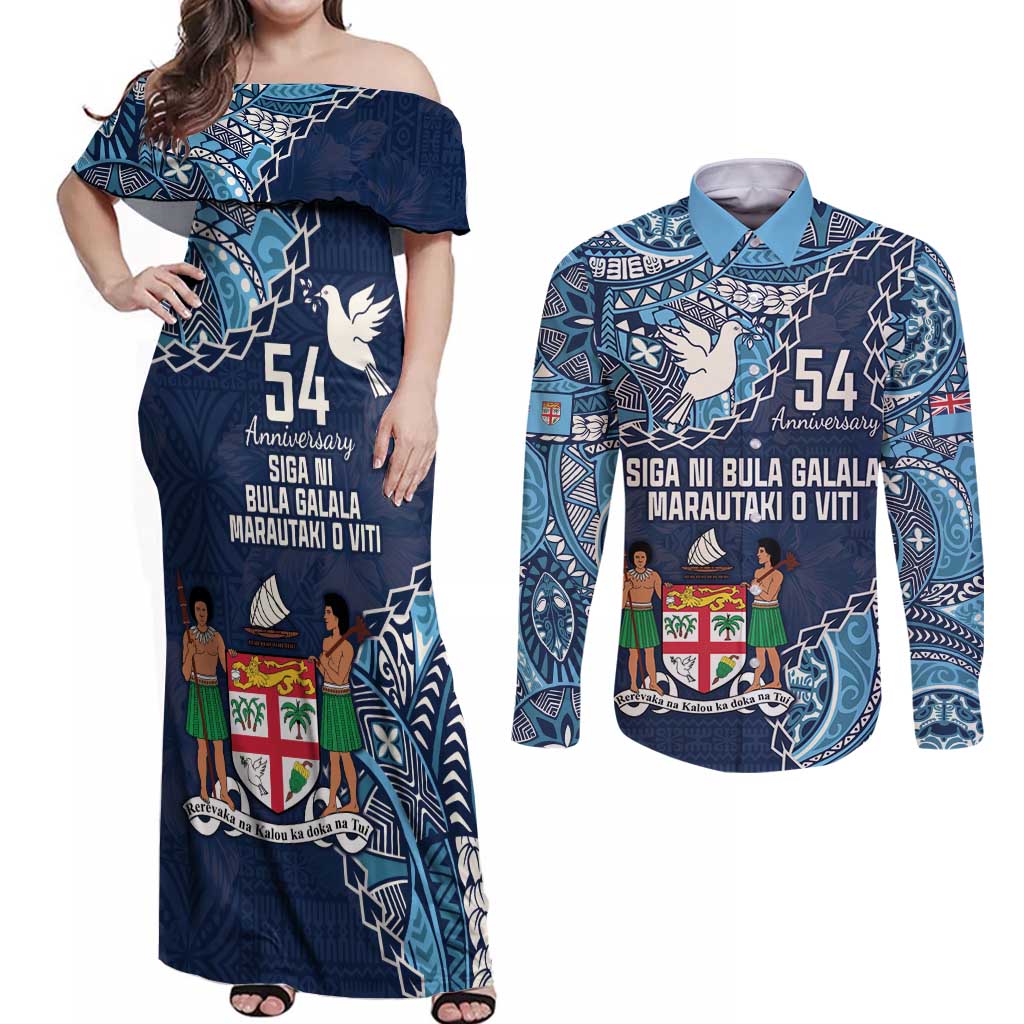 Personalised Fiji 54th Anniversary Couples Matching Off Shoulder Maxi Dress and Long Sleeve Button Shirt Siga Ni Bula Galala Marautaki O Viti