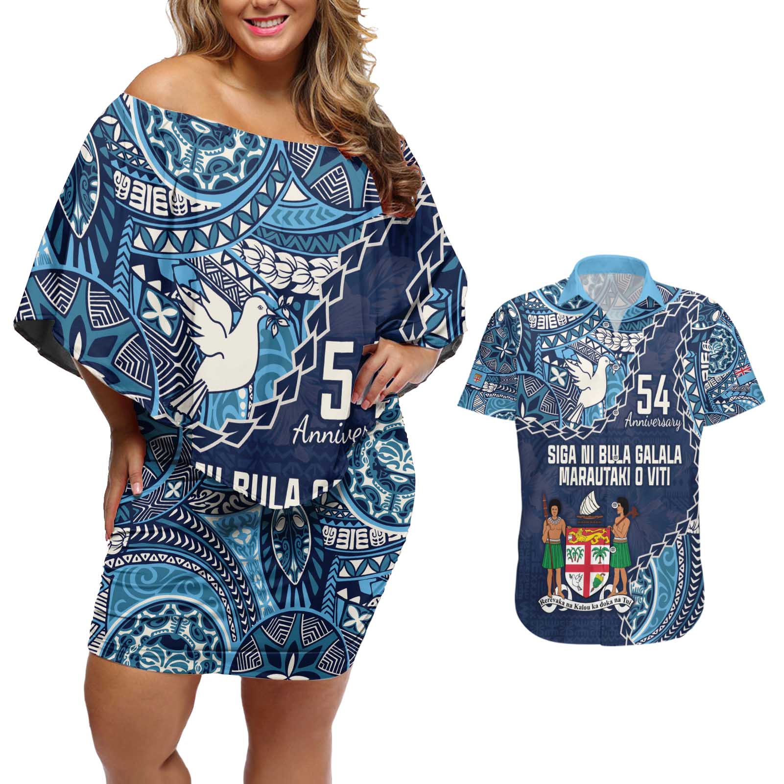 Personalised Fiji 54th Anniversary Couples Matching Off Shoulder Short Dress and Hawaiian Shirt Siga Ni Bula Galala Marautaki O Viti