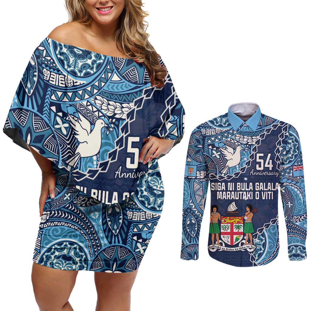 Personalised Fiji 54th Anniversary Couples Matching Off Shoulder Short Dress and Long Sleeve Button Shirt Siga Ni Bula Galala Marautaki O Viti