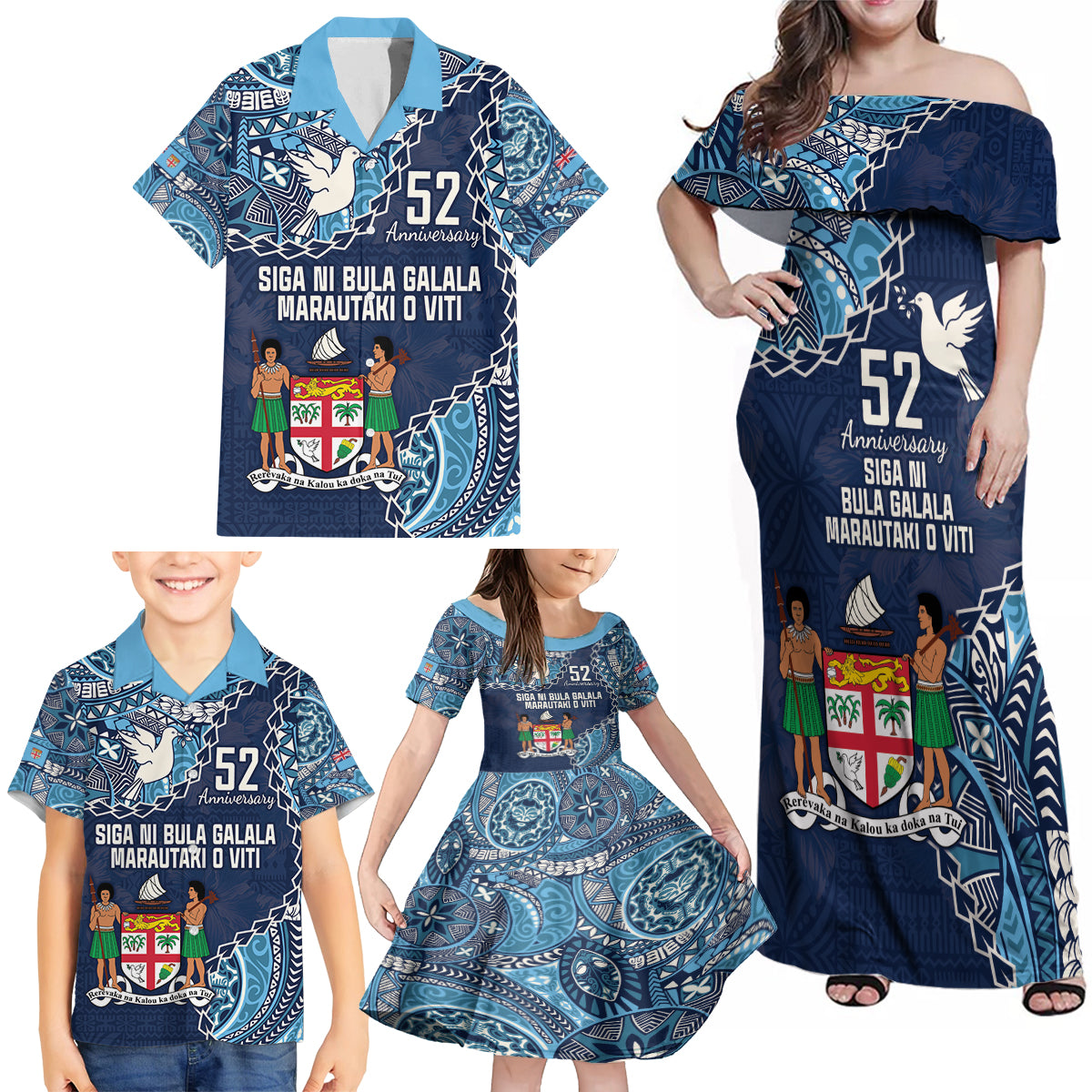 Personalised Fiji 54th Anniversary Family Matching Off Shoulder Maxi Dress and Hawaiian Shirt Siga Ni Bula Galala Marautaki O Viti