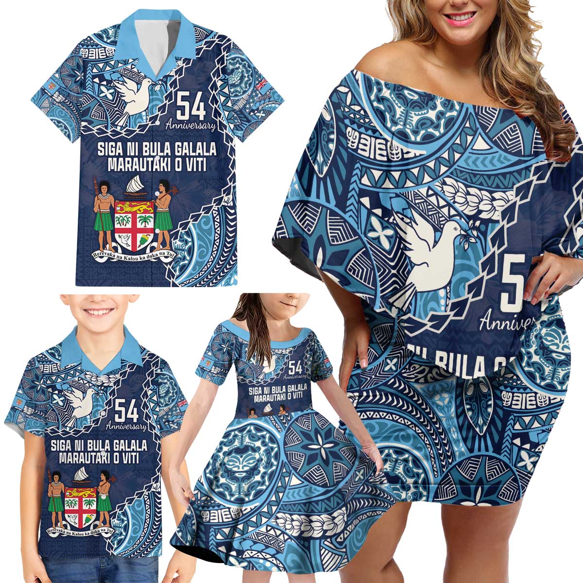 Personalised Fiji 54th Anniversary Family Matching Off Shoulder Short Dress and Hawaiian Shirt Siga Ni Bula Galala Marautaki O Viti