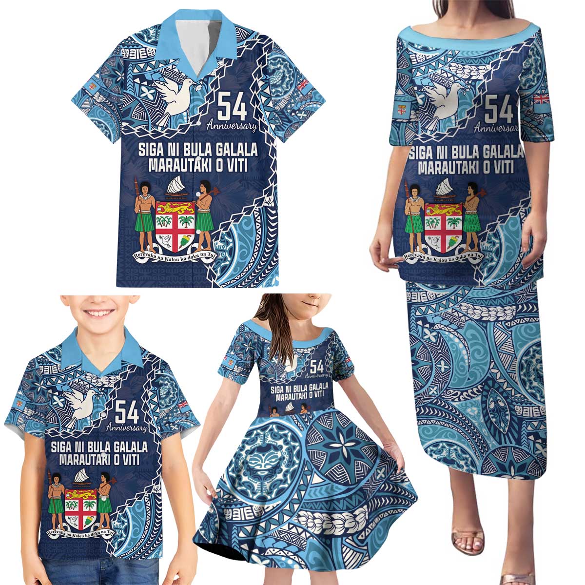 Personalised Fiji 54th Anniversary Family Matching Puletasi and Hawaiian Shirt Siga Ni Bula Galala Marautaki O Viti