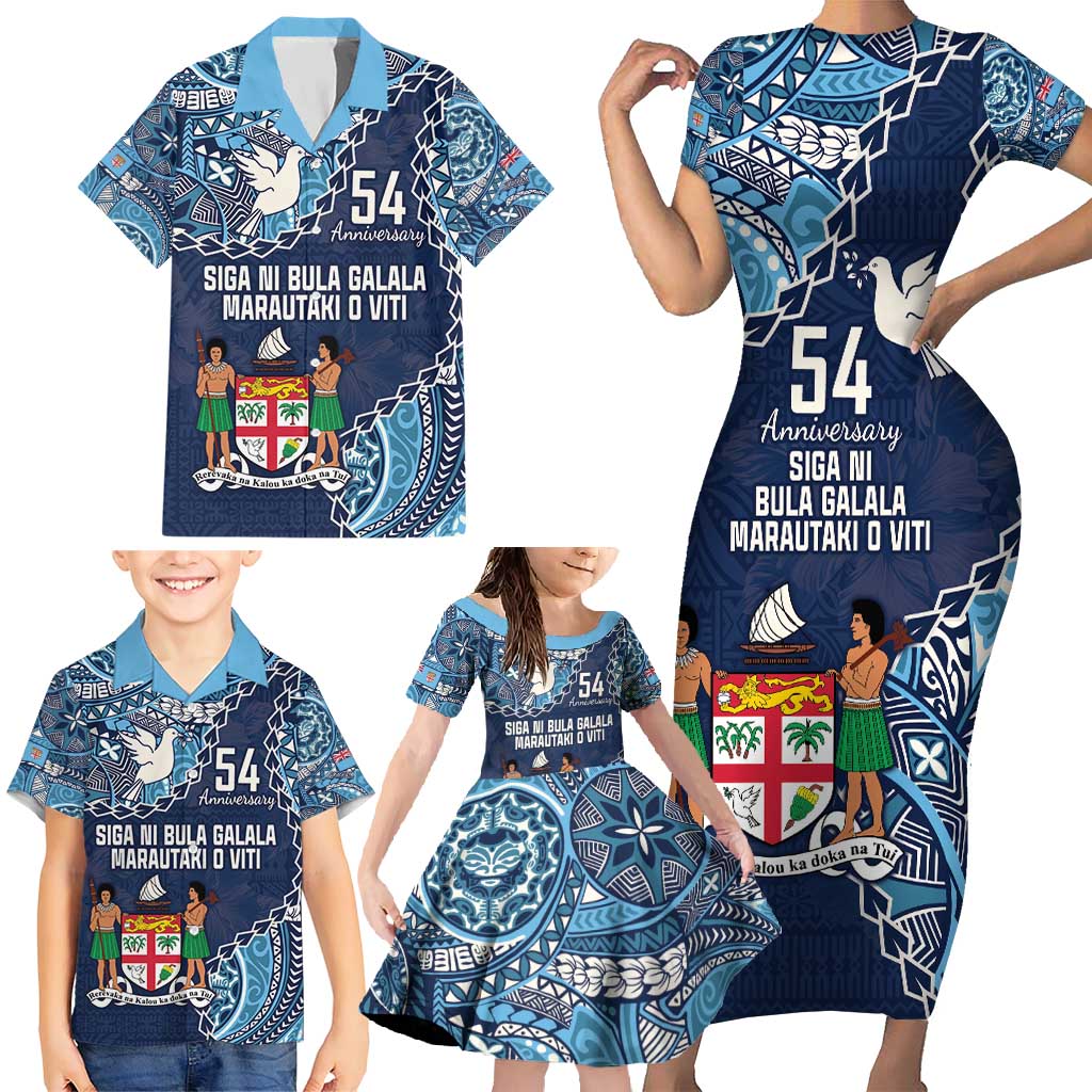 Personalised Fiji 54th Anniversary Family Matching Short Sleeve Bodycon Dress and Hawaiian Shirt Siga Ni Bula Galala Marautaki O Viti