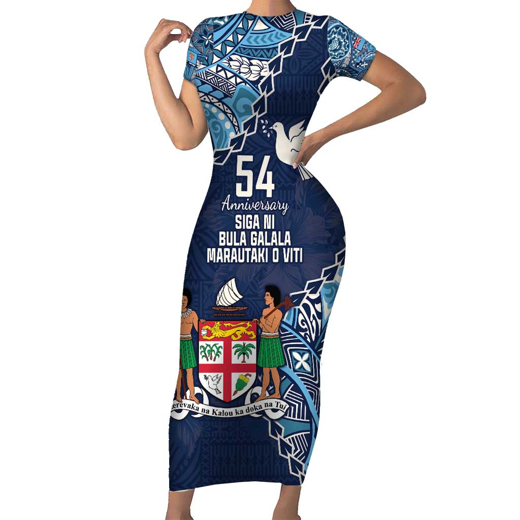 Personalised Fiji 54th Anniversary Short Sleeve Bodycon Dress Siga Ni Bula Galala Marautaki O Viti