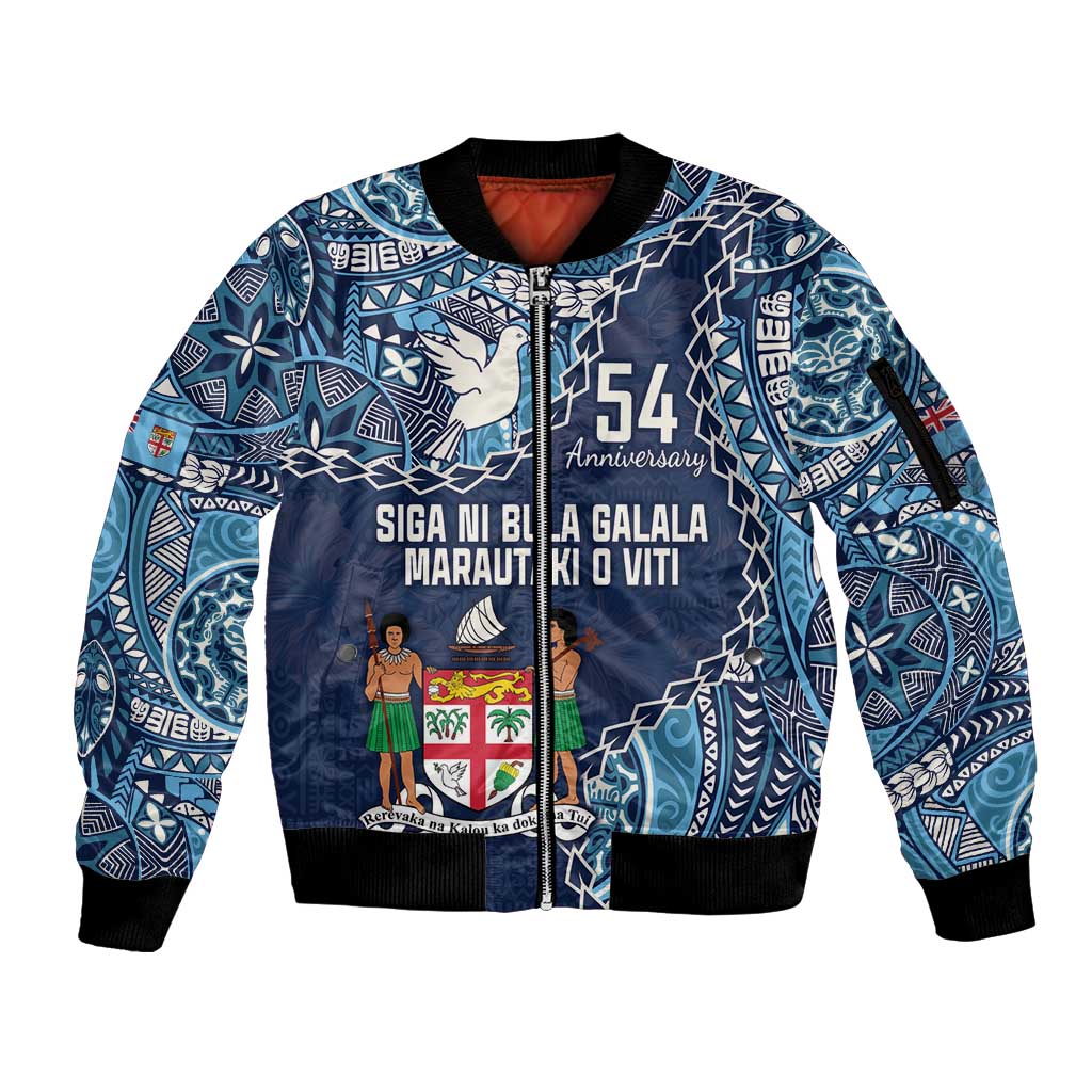 Personalised Fiji 54th Anniversary Sleeve Zip Bomber Jacket Siga Ni Bula Galala Marautaki O Viti