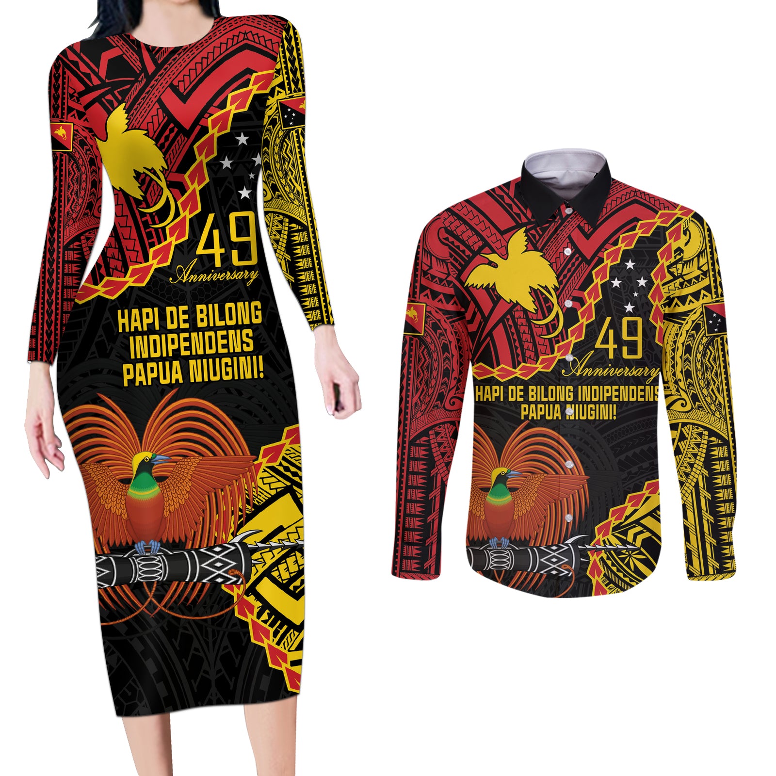 Personalised Papua New Guinea 49th Anniversary Couples Matching Long Sleeve Bodycon Dress and Long Sleeve Button Shirt Hapi De bilong Indipendens Papua Niugini LT9 Black - Polynesian Pride