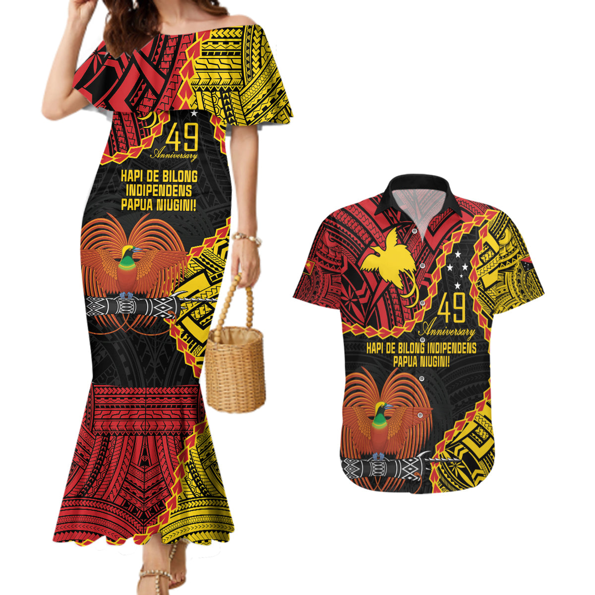 Personalised Papua New Guinea 49th Anniversary Couples Matching Mermaid Dress and Hawaiian Shirt Hapi De bilong Indipendens Papua Niugini