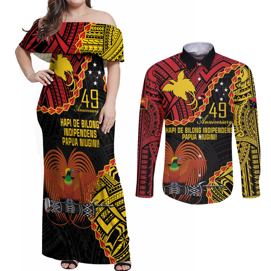 Personalised Papua New Guinea 49th Anniversary Couples Matching Off Shoulder Maxi Dress and Long Sleeve Button Shirt Hapi De bilong Indipendens Papua Niugini