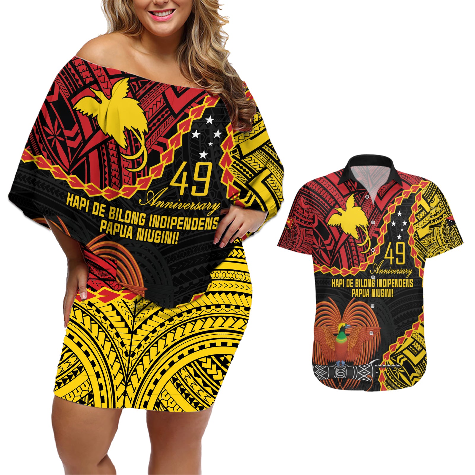 Personalised Papua New Guinea 49th Anniversary Couples Matching Off Shoulder Short Dress and Hawaiian Shirt Hapi De bilong Indipendens Papua Niugini