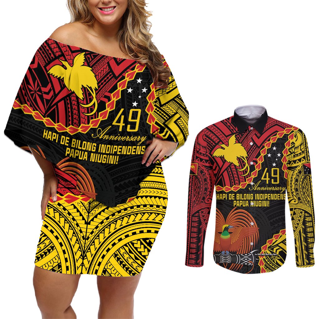 Personalised Papua New Guinea 49th Anniversary Couples Matching Off Shoulder Short Dress and Long Sleeve Button Shirt Hapi De bilong Indipendens Papua Niugini LT9 Black - Polynesian Pride