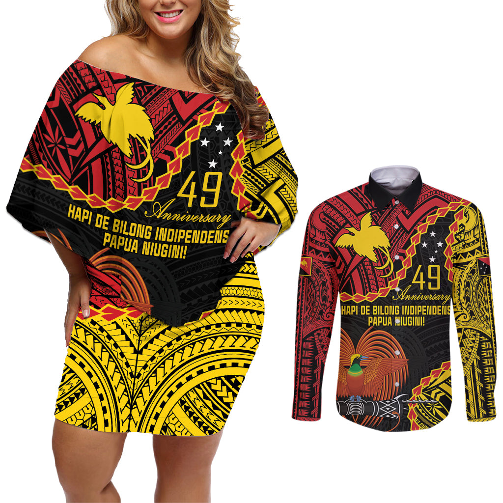 Personalised Papua New Guinea 49th Anniversary Couples Matching Off Shoulder Short Dress and Long Sleeve Button Shirt Hapi De bilong Indipendens Papua Niugini