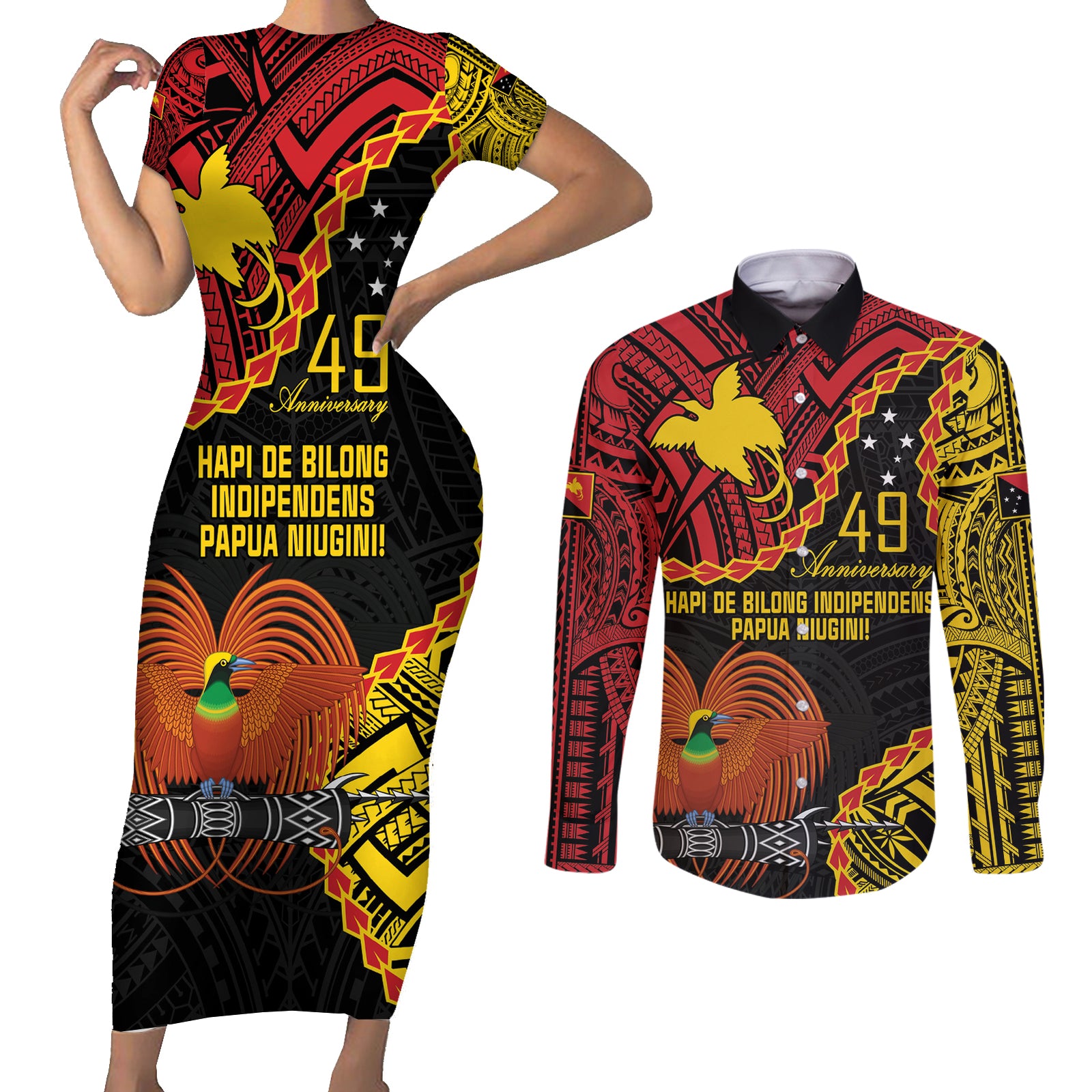 Personalised Papua New Guinea 49th Anniversary Couples Matching Short Sleeve Bodycon Dress and Long Sleeve Button Shirt Hapi De bilong Indipendens Papua Niugini LT9 Black - Polynesian Pride