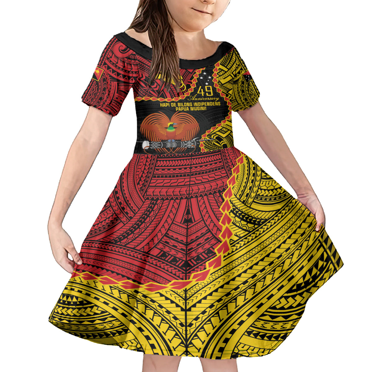 Personalised Papua New Guinea 49th Anniversary Family Matching Off The Shoulder Long Sleeve Dress and Hawaiian Shirt Hapi De bilong Indipendens Papua Niugini LT9 Daughter's Dress Black - Polynesian Pride