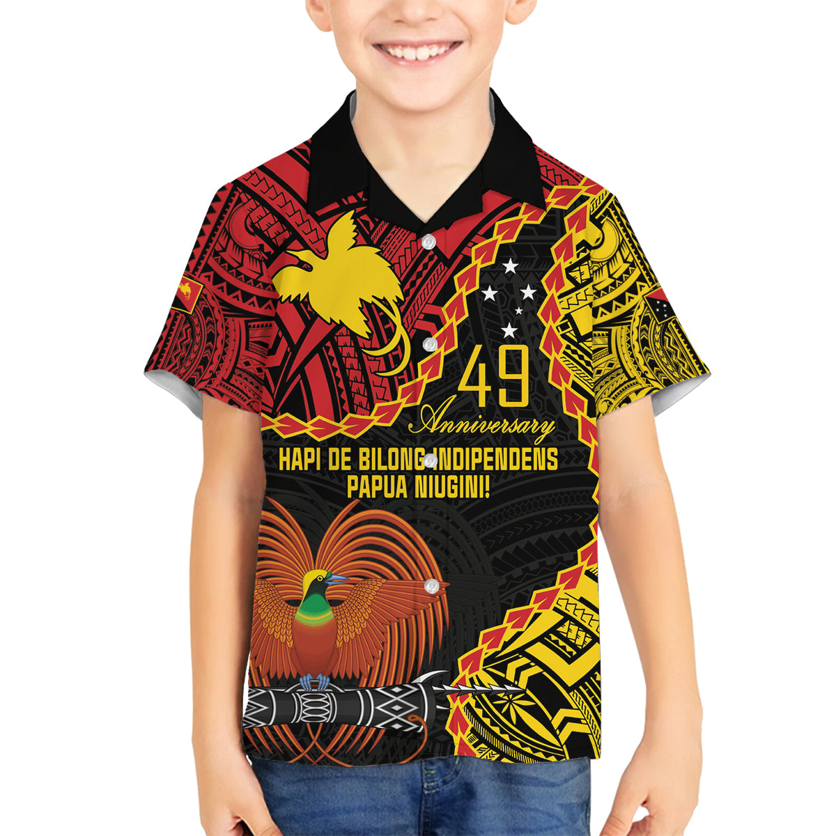 Personalised Papua New Guinea 49th Anniversary Family Matching Off Shoulder Maxi Dress and Hawaiian Shirt Hapi De bilong Indipendens Papua Niugini