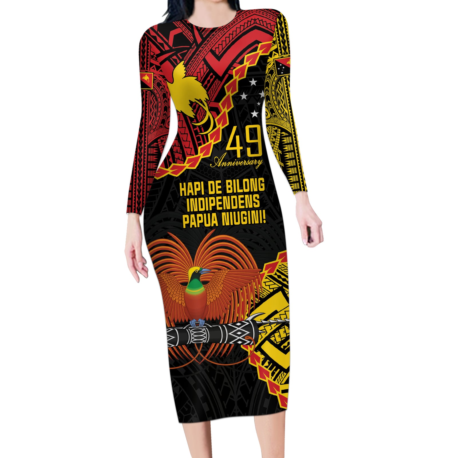 Personalised Papua New Guinea 49th Anniversary Long Sleeve Bodycon Dress Hapi De bilong Indipendens Papua Niugini LT9 Long Dress Black - Polynesian Pride