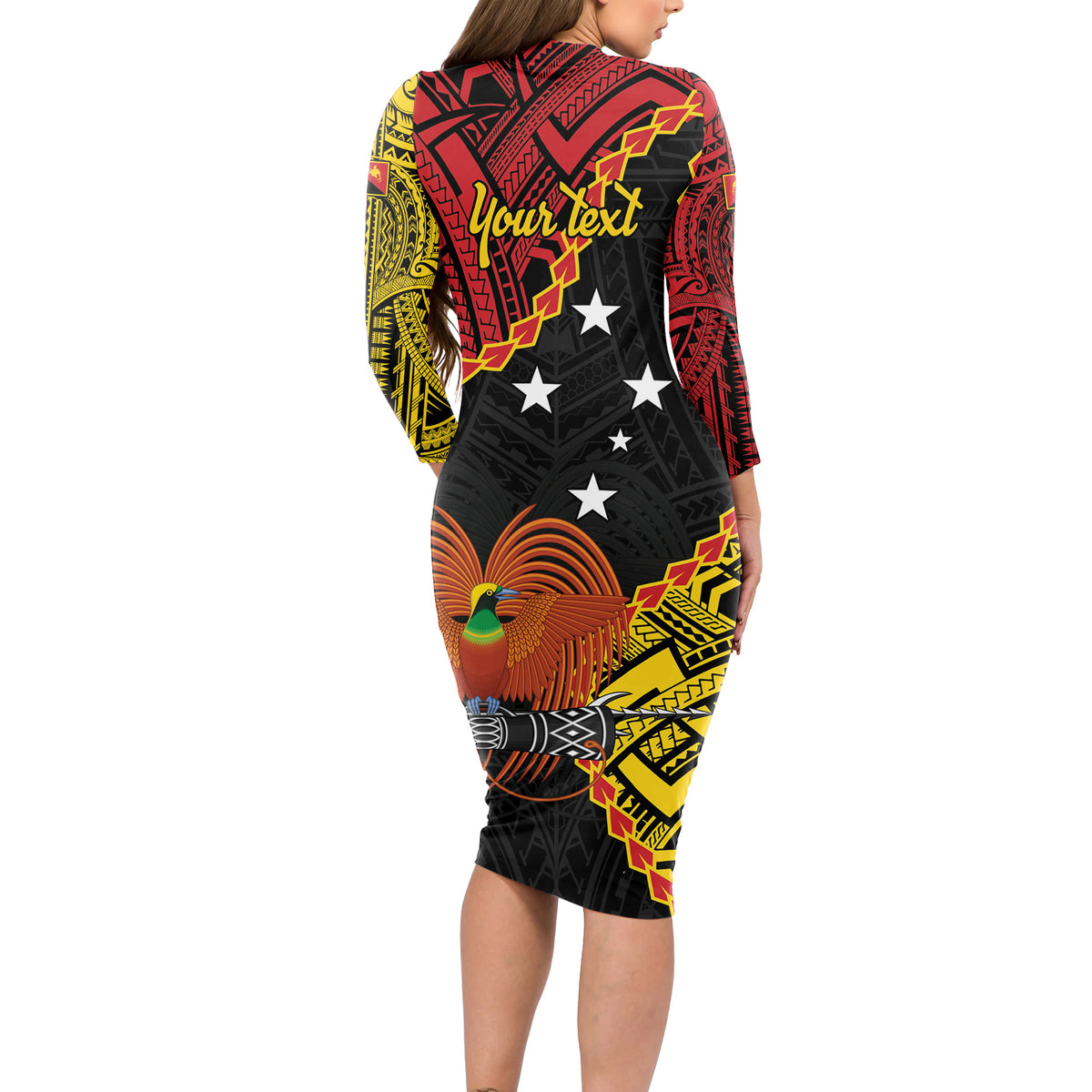 Personalised Papua New Guinea 49th Anniversary Long Sleeve Bodycon Dress Hapi De bilong Indipendens Papua Niugini