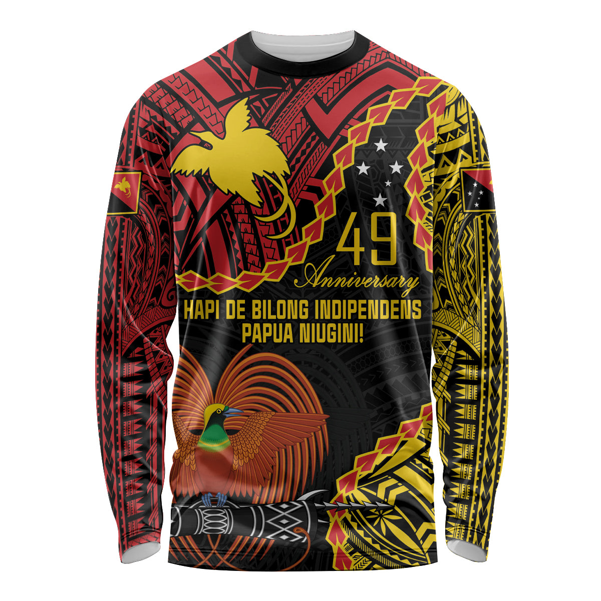 Personalised Papua New Guinea 49th Anniversary Long Sleeve Shirt Hapi De bilong Indipendens Papua Niugini LT9 Unisex Black - Polynesian Pride