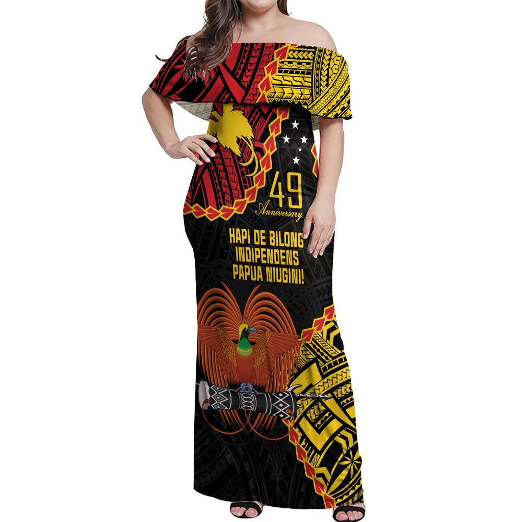 Personalised Papua New Guinea 49th Anniversary Off Shoulder Maxi Dress Hapi De bilong Indipendens Papua Niugini