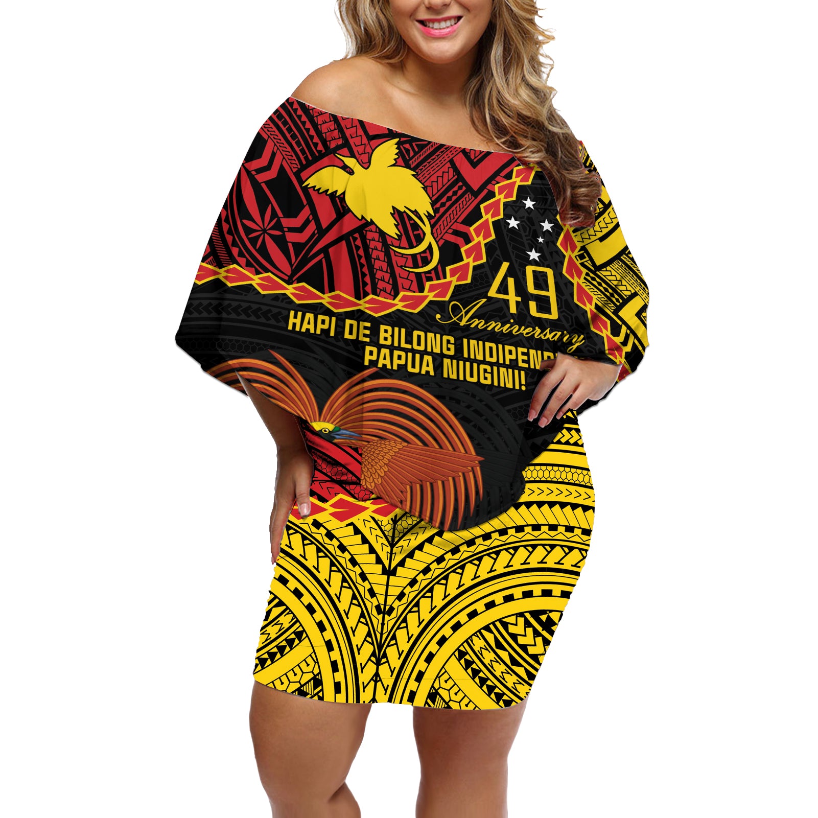 Personalised Papua New Guinea 49th Anniversary Off Shoulder Short Dress Hapi De bilong Indipendens Papua Niugini