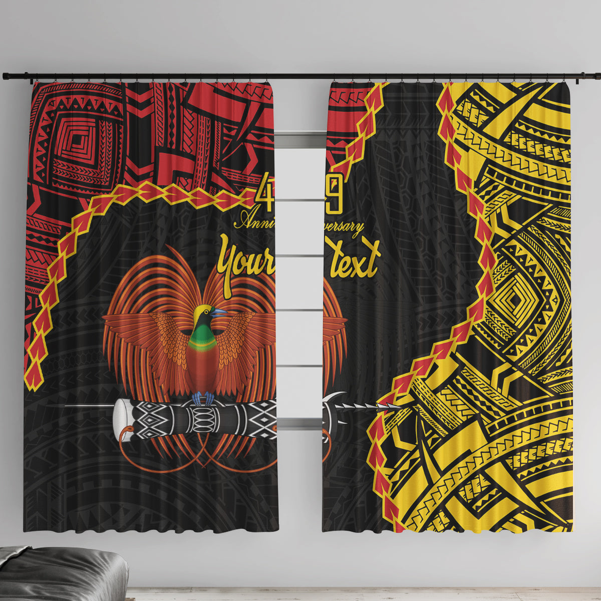 Personalised Papua New Guinea 49th Anniversary Window Curtain Hapi De bilong Indipendens Papua Niugini LT9 With Hooks Black - Polynesian Pride