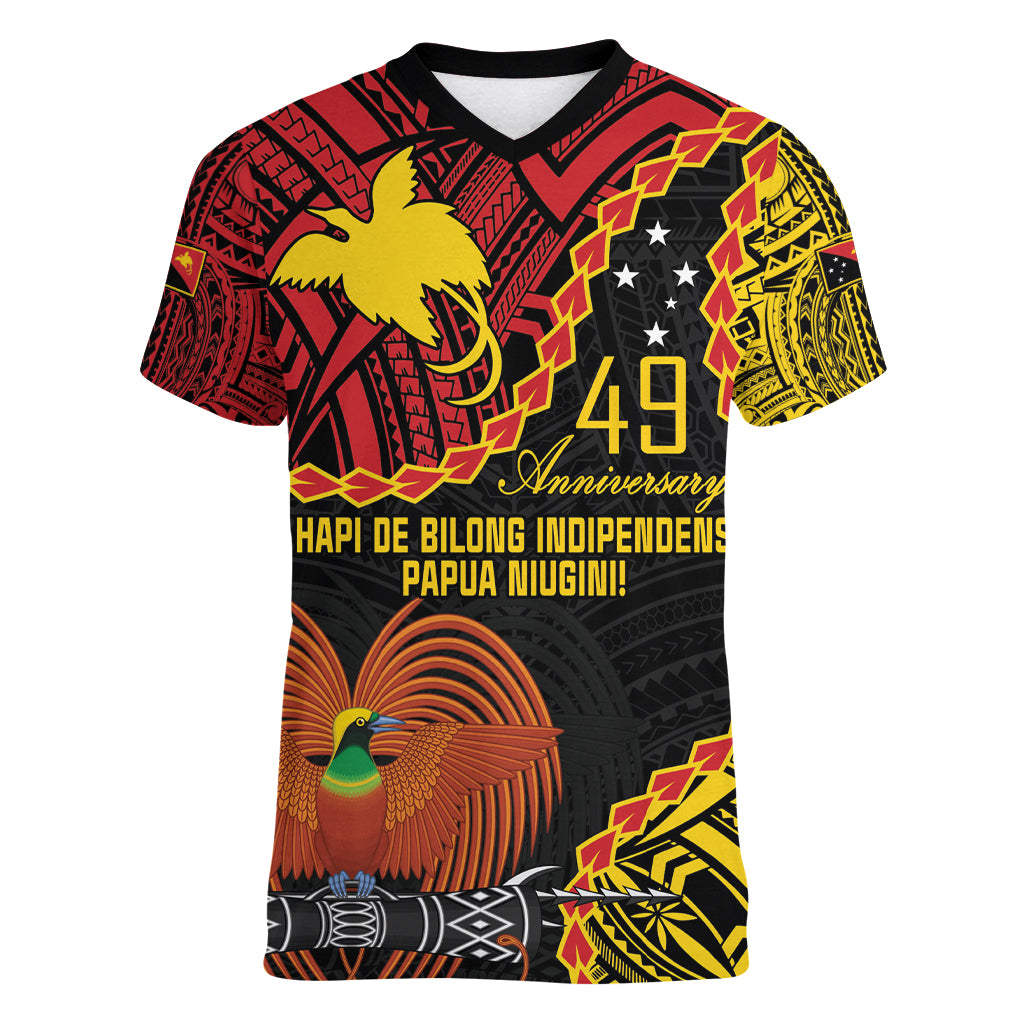 Personalised Papua New Guinea 49th Anniversary Women V-Neck T-Shirt Hapi De bilong Indipendens Papua Niugini