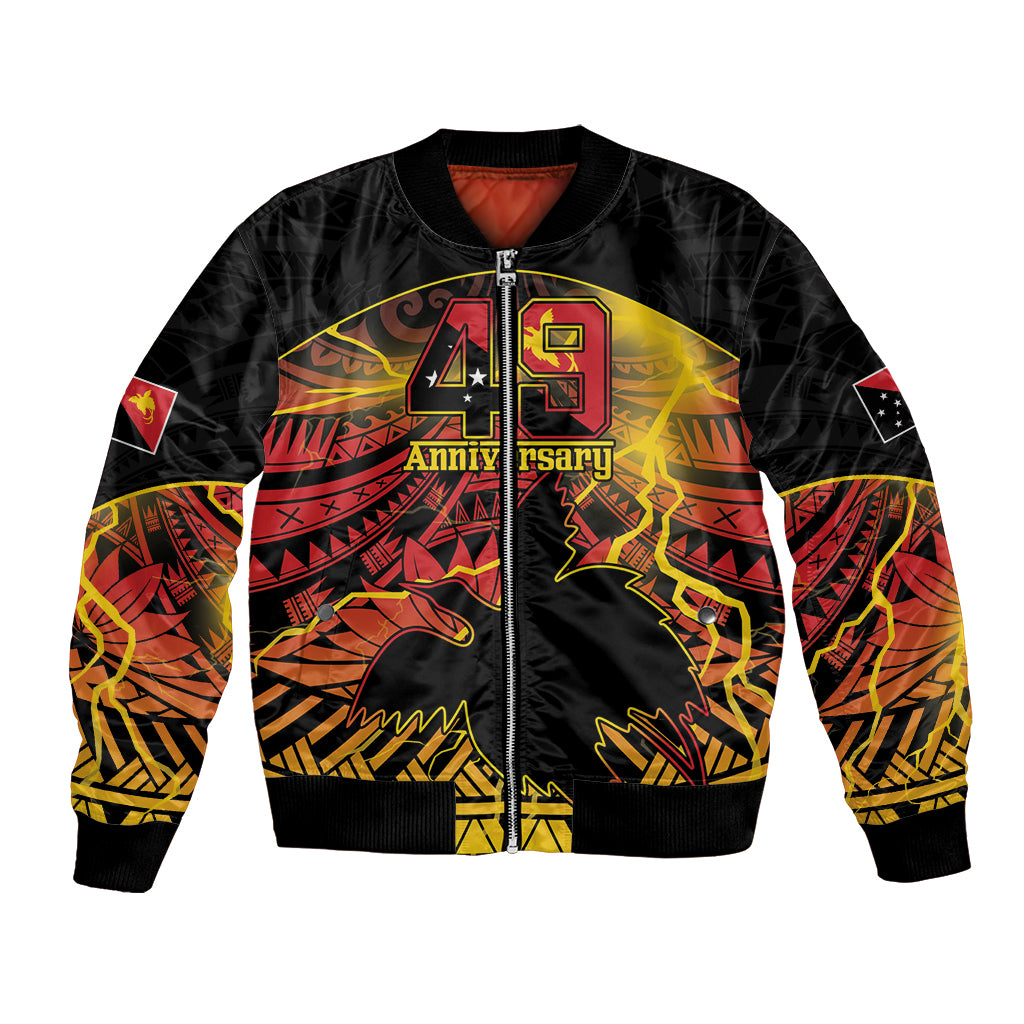 Personalised Papua New Guinea 49th Anniversary Bomber Jacket Bird of Paradise Unity In Diversity LT9 Unisex Black - Polynesian Pride