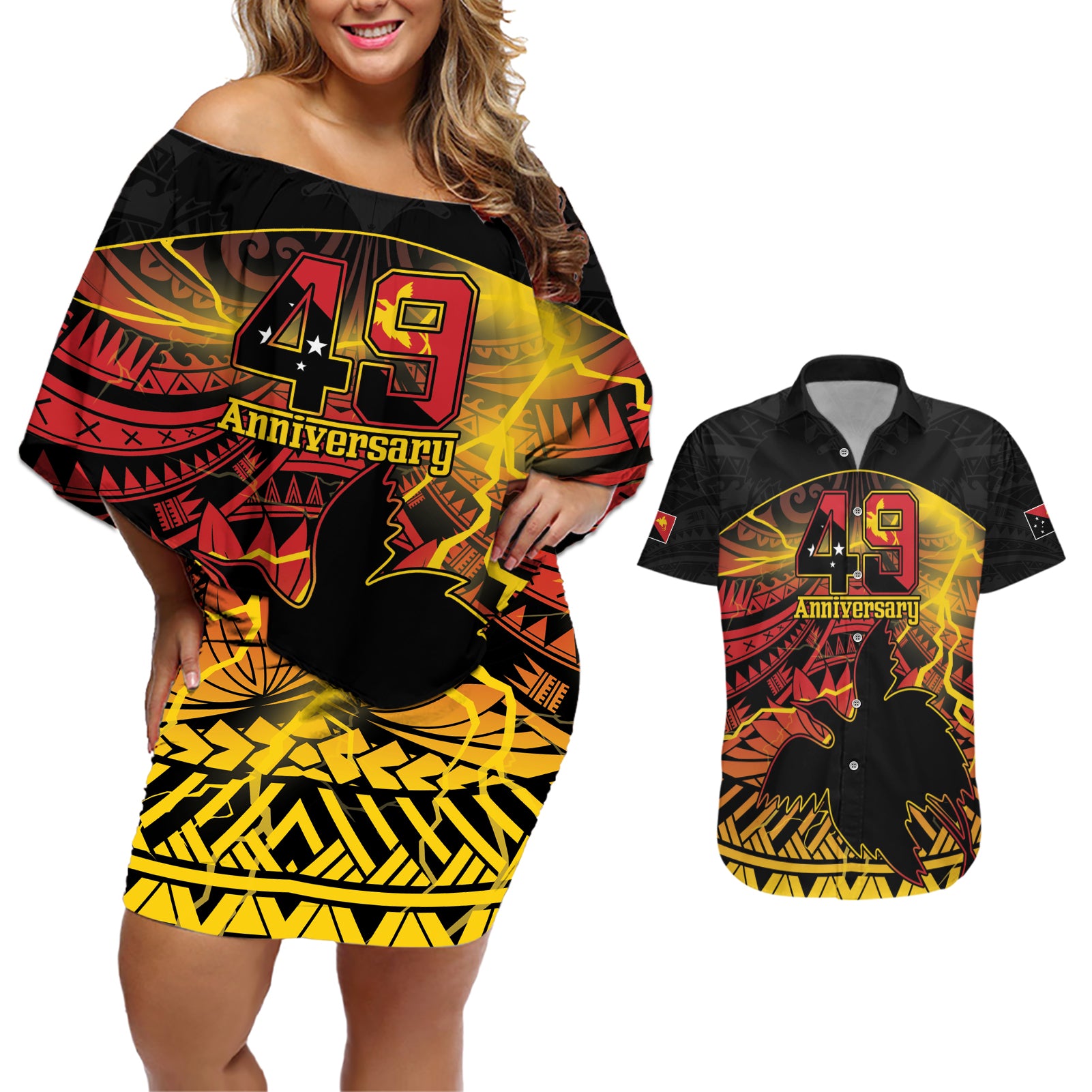 Personalised Papua New Guinea 49th Anniversary Couples Matching Off Shoulder Short Dress and Hawaiian Shirt Bird of Paradise Unity In Diversity