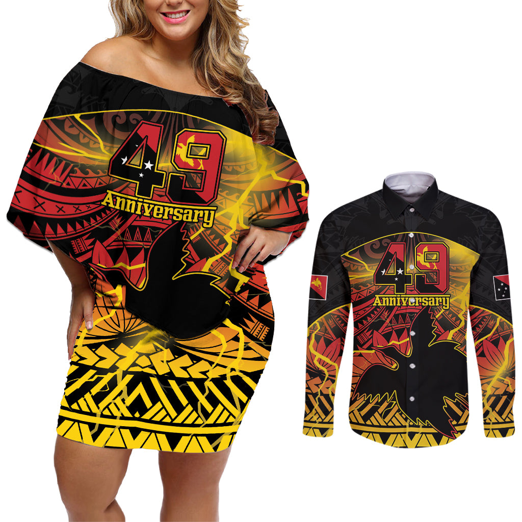 Personalised Papua New Guinea 49th Anniversary Couples Matching Off Shoulder Short Dress and Long Sleeve Button Shirt Bird of Paradise Unity In Diversity