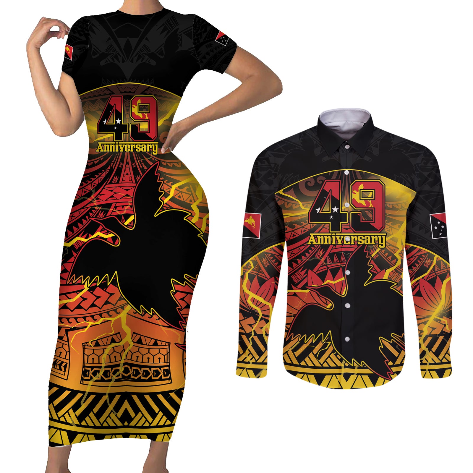 Personalised Papua New Guinea 49th Anniversary Couples Matching Short Sleeve Bodycon Dress and Long Sleeve Button Shirt Bird of Paradise Unity In Diversity LT9 Black - Polynesian Pride