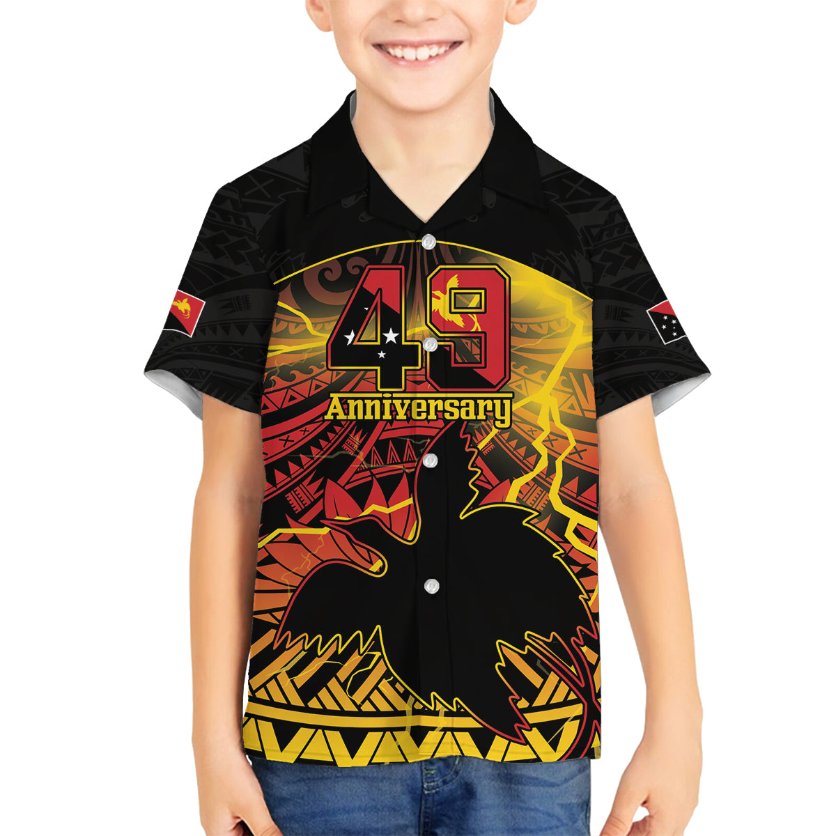 Personalised Papua New Guinea 49th Anniversary Family Matching Long Sleeve Bodycon Dress and Hawaiian Shirt Bird of Paradise Unity In Diversity LT9 Son's Shirt Black - Polynesian Pride
