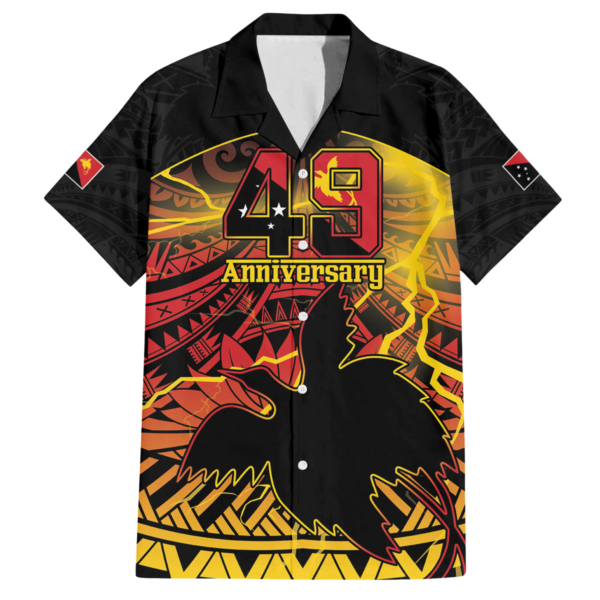 Personalised Papua New Guinea 49th Anniversary Family Matching Off The Shoulder Long Sleeve Dress and Hawaiian Shirt Bird of Paradise Unity In Diversity LT9 Dad's Shirt - Short Sleeve Black - Polynesian Pride