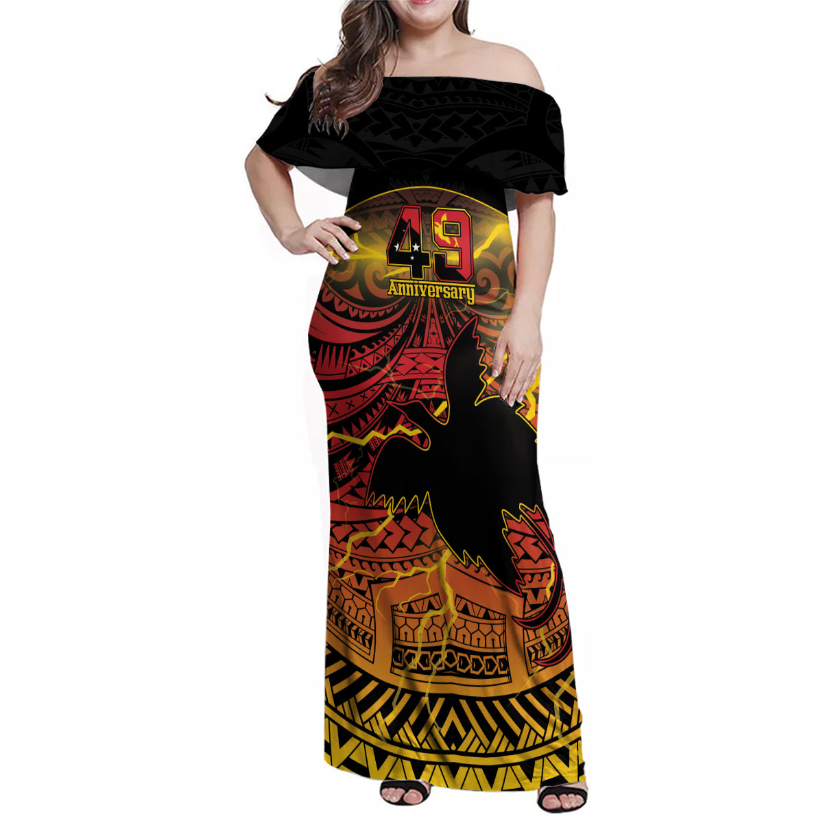 Personalised Papua New Guinea 49th Anniversary Family Matching Off Shoulder Maxi Dress and Hawaiian Shirt Bird of Paradise Unity In Diversity