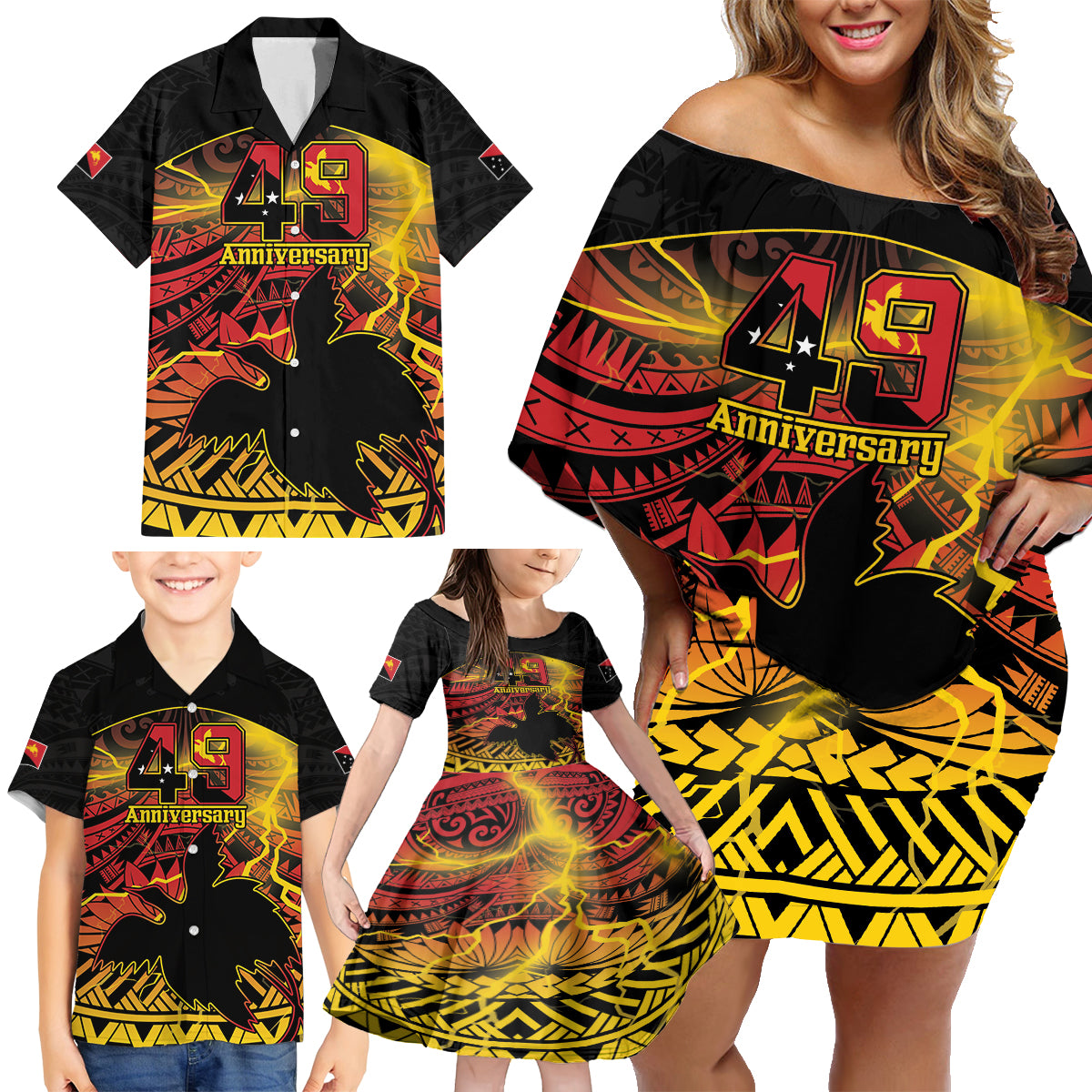 Personalised Papua New Guinea 49th Anniversary Family Matching Off Shoulder Short Dress and Hawaiian Shirt Bird of Paradise Unity In Diversity