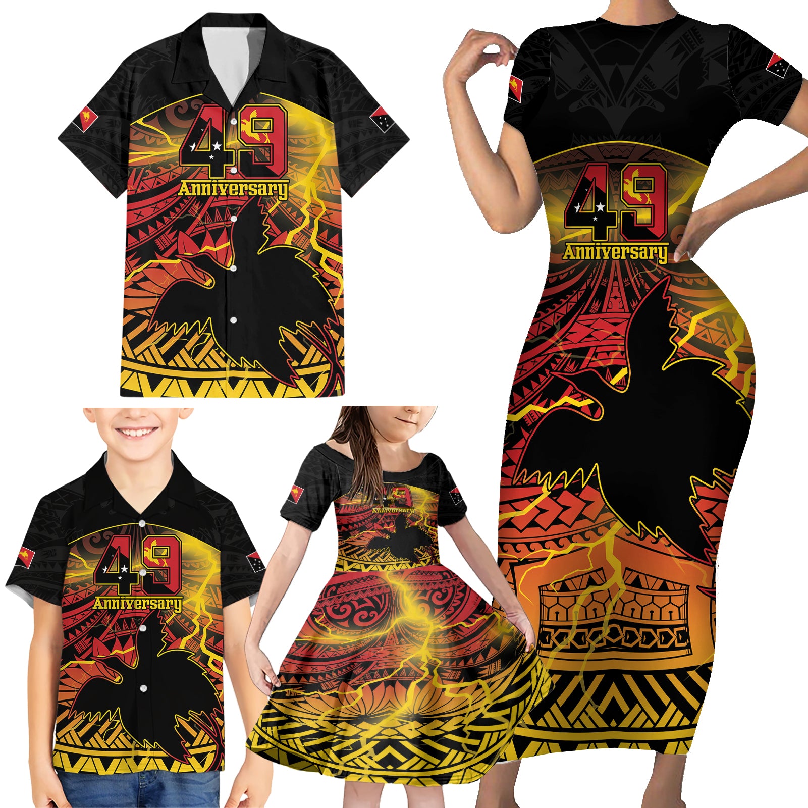 Personalised Papua New Guinea 49th Anniversary Family Matching Short Sleeve Bodycon Dress and Hawaiian Shirt Bird of Paradise Unity In Diversity