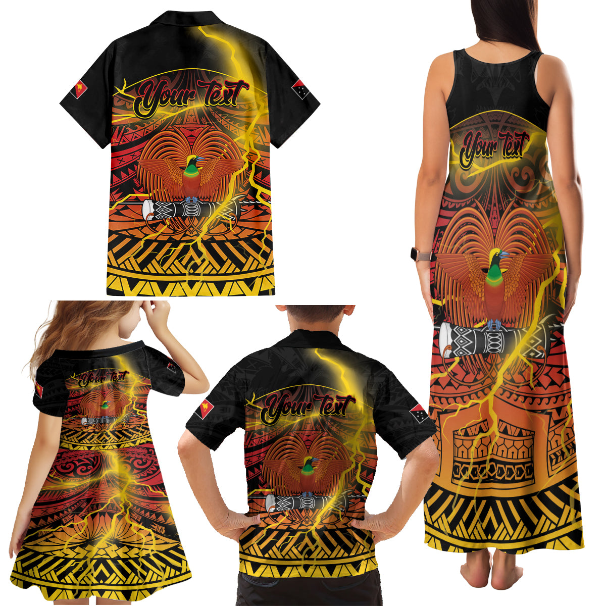 Personalised Papua New Guinea 49th Anniversary Family Matching Tank Maxi Dress and Hawaiian Shirt Bird of Paradise Unity In Diversity