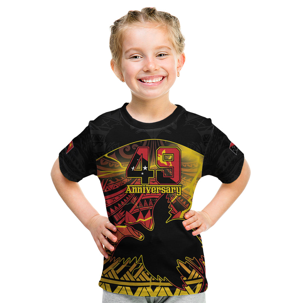 Personalised Papua New Guinea 49th Anniversary Kid T Shirt Bird of Paradise Unity In Diversity LT9 Black - Polynesian Pride
