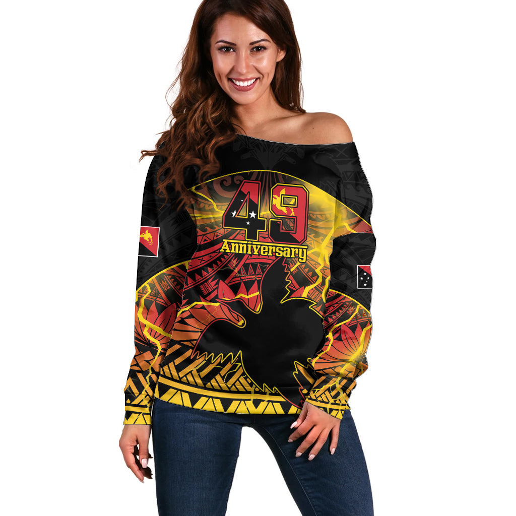 Personalised Papua New Guinea 49th Anniversary Off Shoulder Sweater Bird of Paradise Unity In Diversity LT9 Women Black - Polynesian Pride