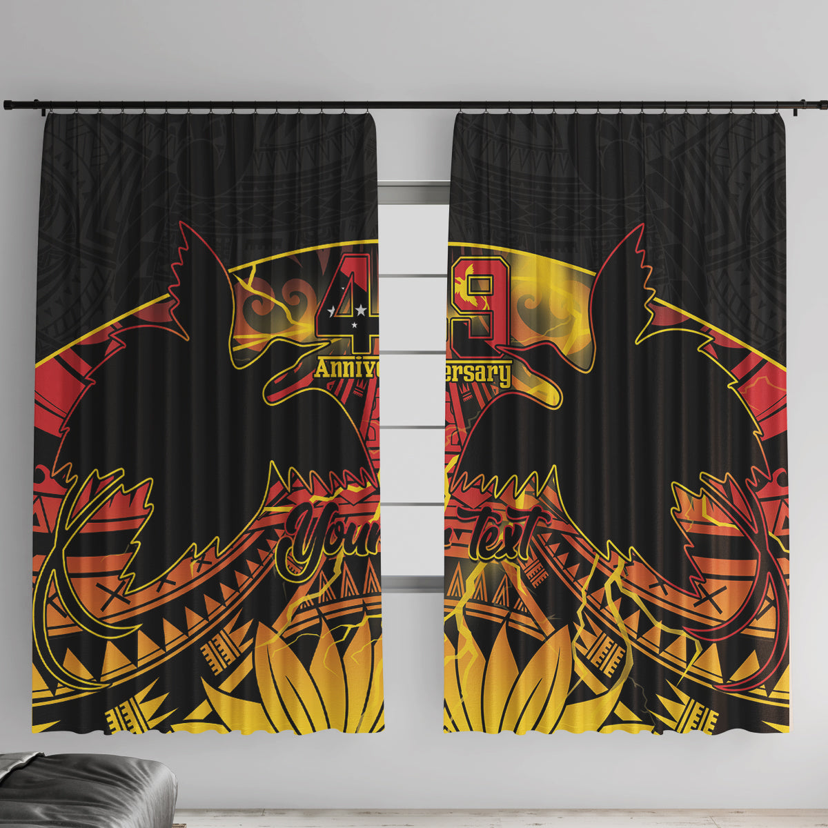 Personalised Papua New Guinea 49th Anniversary Window Curtain Bird of Paradise Unity In Diversity LT9 With Hooks Black - Polynesian Pride