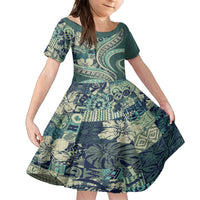Hawaiian Hibiscus Tribal Vintage Motif Family Matching Long Sleeve Bodycon Dress and Hawaiian Shirt Ver 1 LT9 Daughter's Dress Sea Green - Polynesian Pride